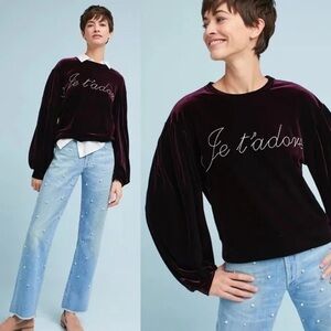 Misa Los Angeles Je T'Adore Velvet Sweatshirt French Embroidered in Plum Size M
